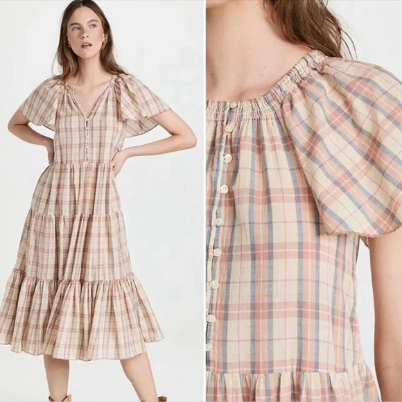 The Great The Iris in Washed Rose Plaid Cotton‎ Linen Blend Midi Dress sz 0 - Picture 1 of 9